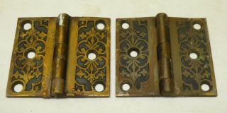 Pair Antique Victorian 2 x 2 1/4 Solid Brass Ornate Cabinet Shutter Hinges E 2