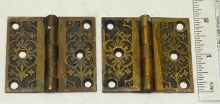 Pair Antique Victorian 2 X 2 1/4 Solid Brass Ornate Cabinet Shutter Hinges G
