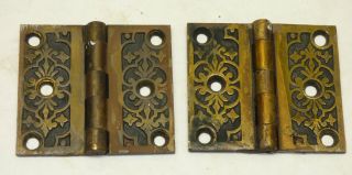Pair Antique Victorian 2 x 2 1/4 Solid Brass Ornate Cabinet Shutter Hinges G 2