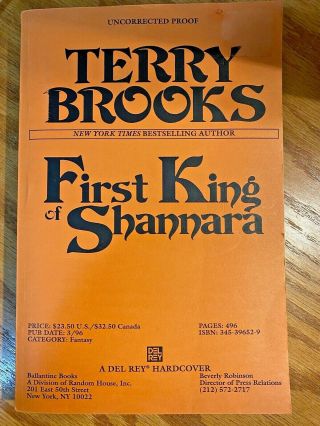 1996 Terry Brooks First King Of Shannara First Ed Uncorrected Proof Del Rey Rare
