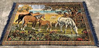 Vintage Large Tapestry Wall Hanging Horse Scene Carpet With Fringe 48x73