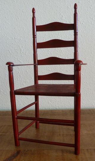 Vintage Miniature Red Wood Ladder Back Chair For Doll Display 1:3 Scale 15 " T