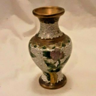 Antique/vintage Cloisonne On Porcelain Bud Vase,  White And Gold Floral