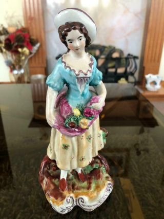 Good Antique Early Staffordshire Pottery Figure Fruit Lady.