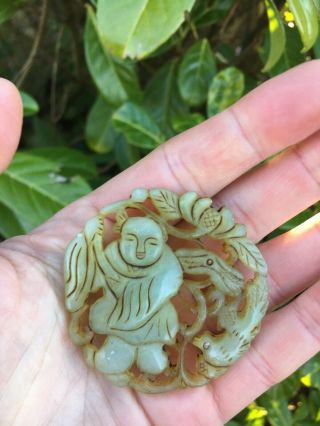 Antique Chinese Green Jade Pendant Of A Boy And Bird 19th Century Qing Celadon