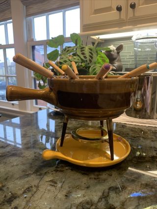 Vintage Mid Century Modern Fondue Pot Set Rare Retro Large Stoneware Pot W/forks