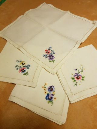4 X Immaculate Vintage Hand Embroidered Cloths 12in X 12in