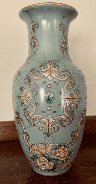 Vintage Chinese Celadon Embossed Hand Painted Porcelain Floral 8.  25” Vase
