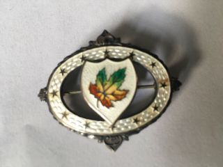 Antique Guilloche Enamel Sterling Silver Canada Maple Leaf Brooch Pin Canadian