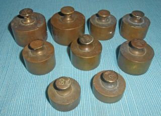 9 Vintage Brass Balance Scale Weights - 1 Kilo - 1000 Grams - Apothecary - Matched Set