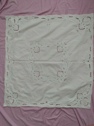 Vintage Embroidered Cut Work Table Cloth White Flower Floral Square Cotton