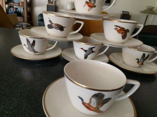 14pc Rare Abercrombie & Fitch Game Birds Coffee Cups Saucer Ducks Goose Pheasant