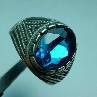 Ancient Roman Silver Seal Ring With Blue Stone Insert