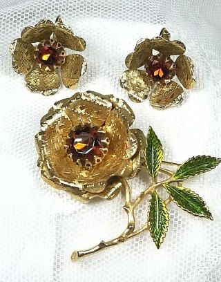 Vtg Sarah Coventry Amber Rhinestone & Enamel Flower Brooch & Earring Set Clip - On