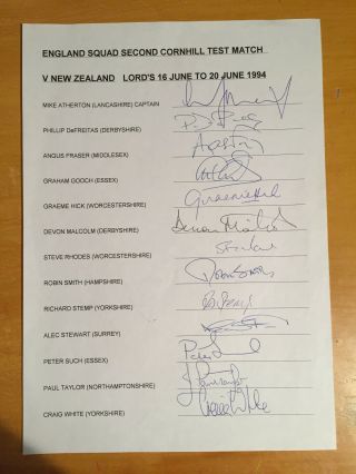 1994 Signed By All 13 England Test Squad Team Sheet V Nz Lords Inc Rare R Stemp