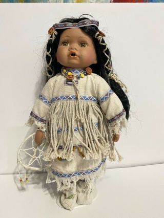 Porcelain 16 " Native American Female Doll W/ Dreamcatcher And Stand - Woman