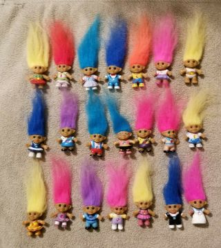 Vintage Group Of 21 Tiny (1 1/2 ") Not Counting Hair Trolls Painted On Clothes