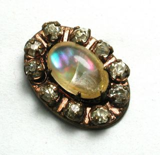 Antique Brass Oval Button With Opal Jewel & Paste Accents 9/16 "
