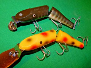 two Creek Chub Jointed Pikie & Deep Diver plastic lures YELLOW SPOTTED is minty 2