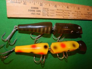 two Creek Chub Jointed Pikie & Deep Diver plastic lures YELLOW SPOTTED is minty 3