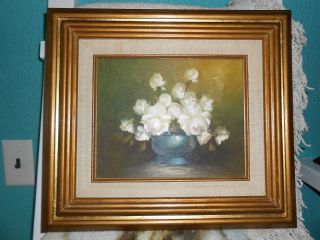 Vintage Oil Painting On Canvas Roses In A Vase Signed