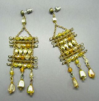 Antique Gold Tone Beaded Cluster Dangle Earrings Amber Orange Crystals Beads Vtg