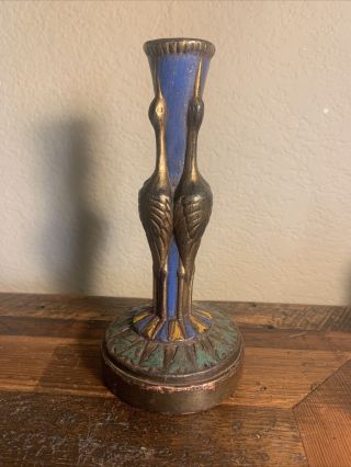 Antique Art Deco Cast Bronze Candle Holder Crane Bird Guilt Gold