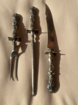 Antique 3 Pc.  Ornate Silver Roast Carving Cutlery Set Knife,  Fork And Sharpener