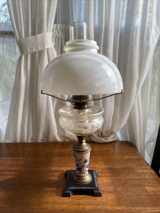 Antique Composite Stem Oil Lamp W/ Hand Painted Trumpet & Milk Glass Shade