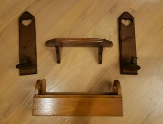 Vintage Set Of 2 Wood Wall Sconce Candle Holders W/ Heart Shelf & Planter Box