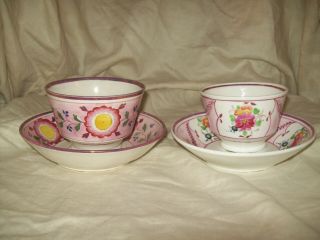 2 - - Antique Pink Lustre Soft Paste Cups & Saucers - 1800 