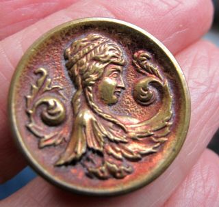 Antique Brass Button Tined Red Cup Style W Art Nouveau Lady High Relief 7/8 "