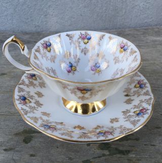 Queen Anne English Bone China Tea Cup And Saucer Gold & Floral Sprigs