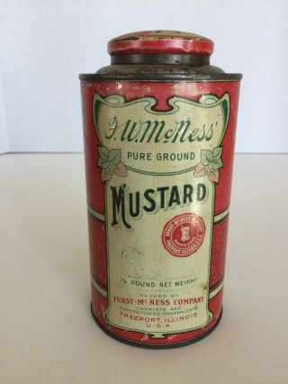 Vintage Antique F.  W.  Mcness Mustard Spice Tin Litho Can 1/2 Lb.  Freeport,  Il