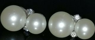Vtg Signed Carolee Sterling Silver Clear Rhinestone Faux Pearl Earrings Rare
