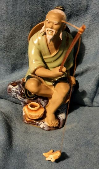Vintage Chinese Shiwan Mudman Seated Fisherman Ceramic Figurine