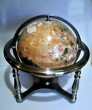 Rare Pearl World Globe 13”tall Gemstone Inlay Brass - Tone Frame & Tripod Compass
