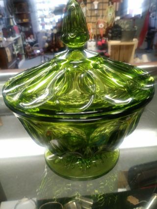 Vintage Emerald Green Glass Pedestal Candy Dish With Lid Pre Owned.