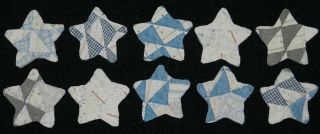 10 Rounded Primitive Antique Cutter Quilt Stars Blues,  Grays,  White