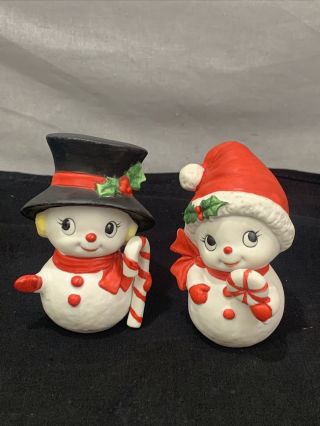 Vintage Homco Christmas Mr & Mrs Snowman Ceramic Figurine 5604 Taiwan Rare Htf