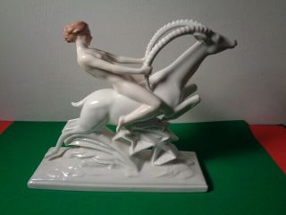 Rare Hutschenreuther German Porcelain Art Deco Nude Woman Riding Gazelle Figure