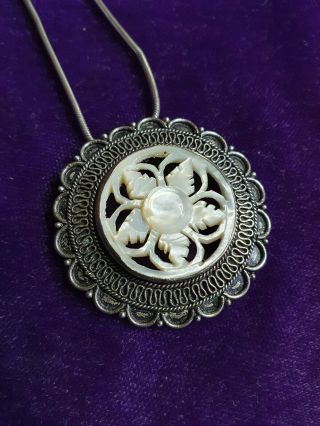 Antique Sterling Silver And Mother Of Pearl Pendant 925