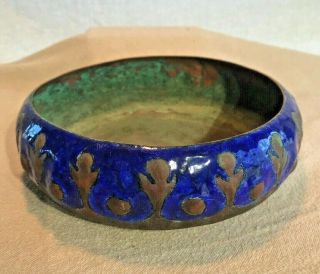 Rare Antique Hand Hammered Copper Vivid Blue Enamel Bowl Roycroft Stickley Era