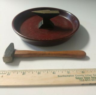 Rare Vintage Wood Nut Bowl - Brass Anvil Center & Nutcracker Brass Forge Hammer