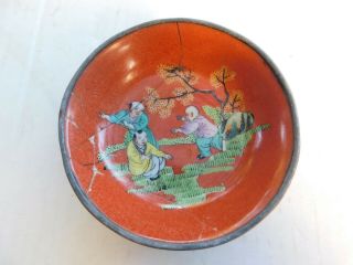 Small Antique Chinese Hand Painted Porcelain Plate Mounted Tin