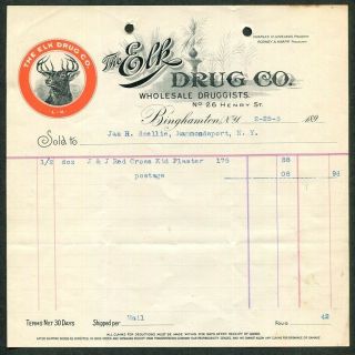1903 Antique Quack Medicine Billhead Invoice The Elk Drug Co.  Binghamton,  Ny