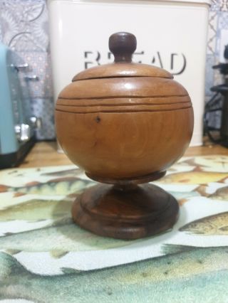 Hand Crafted Yew / Laburnum Wooden Treen Pedestal Bowl Pot Jar Urn With Lid
