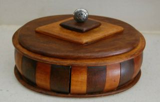 Art Deco Style Vintage Box Folk Art Marquetry Oval 3 Kinds Wood Trinket Lined