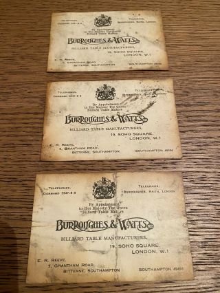 3 Burroughes And Watts Business Cards.  Antique Billiards Snooker.