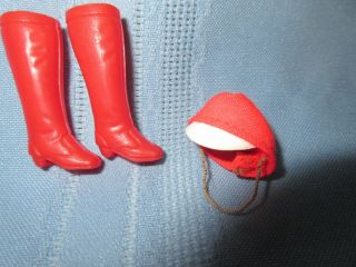 Vintage Topper Dawn Doll Red Boots And Hat Vinyl Boots 1 1/2 " Cloth Hat W/ Brim